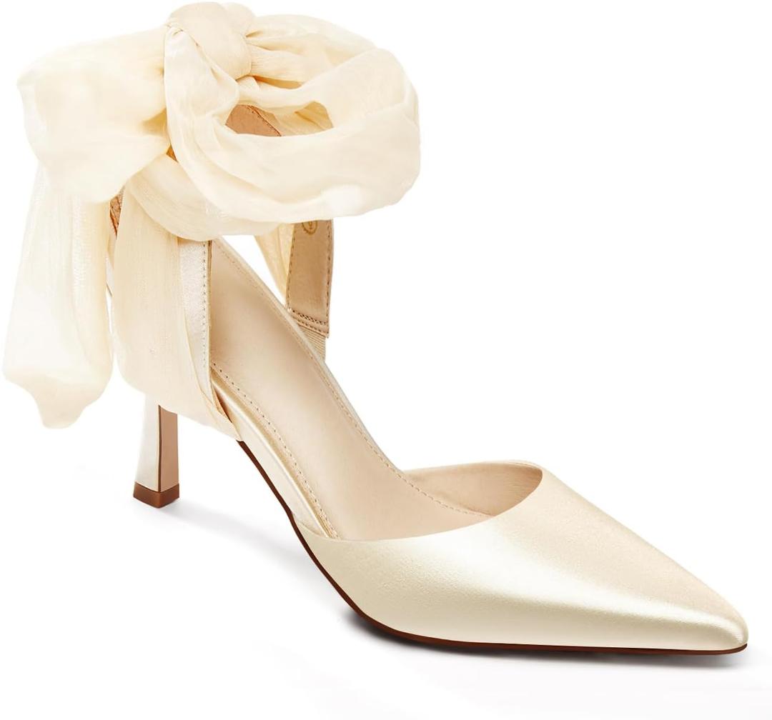 Womens Lace up Satin Heels Bow Pointed Closed Toe Bridal Dress Shoes Low Heel Wedding Elegant Pumps