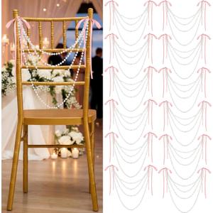 Wonderjune 32 Pcs Wedding Pearl Bow Chair Decor Satin Ribbon Bows with Pearl Beaded String Garland Aisle Chair Sashes Decorations for Ceremony Coquette Party Banquet Decor (Pink)