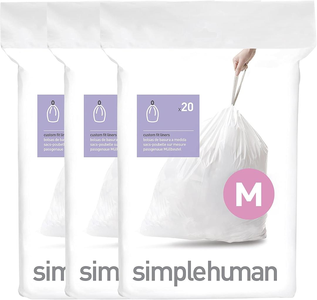 simplehuman Code M 60 Count, Dispenser Pack Custom Fit Liners, Drawstring Trash Bags, 45 Liter / 11.9 Gallon, White