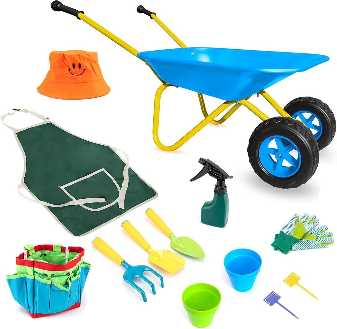 Kids Wheelbarrow Gardening Tool Set,Toddler Metal Wheelbarrow Outdoor Toy for Kids Dig Sand/Dirt,Shovel Snow,Leaves (Blue Set)