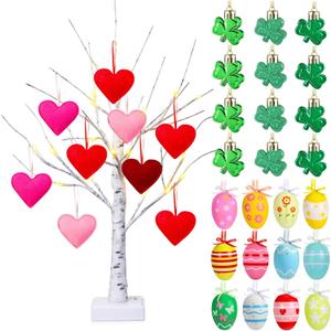 Jutom Easter Tree Decor 24" Lighted Birch Tree with 36 Pcs Heart Baubles Shamrock Egg Hanging Ornaments 24 LED Lights Birch for St Patrick Easter Centerpiece(Vivid Style)