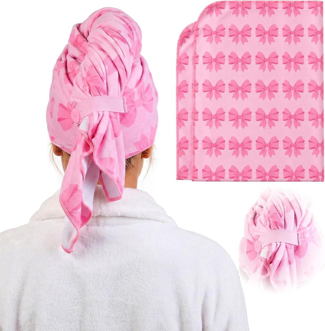 Unittype Coquette Pink Bow Bowknot Microfiber Hair Towel Wrap with Button for Women Girl Large 40 x 24 Inches Dry Hair Cap Turban Soft Fast Dry Wet Long Thick for Bathroom Anti Frizz Drying Towel