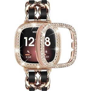 Stainless Steel Bands Compatible for Fitbit Versa 4/Fitbit Sense 2 Smartwatch With Bling Case Cover,Chic Leather Metal Wristband Accessories Strap for Women Bracelet (Rose Gold, Versa 3/Sense)