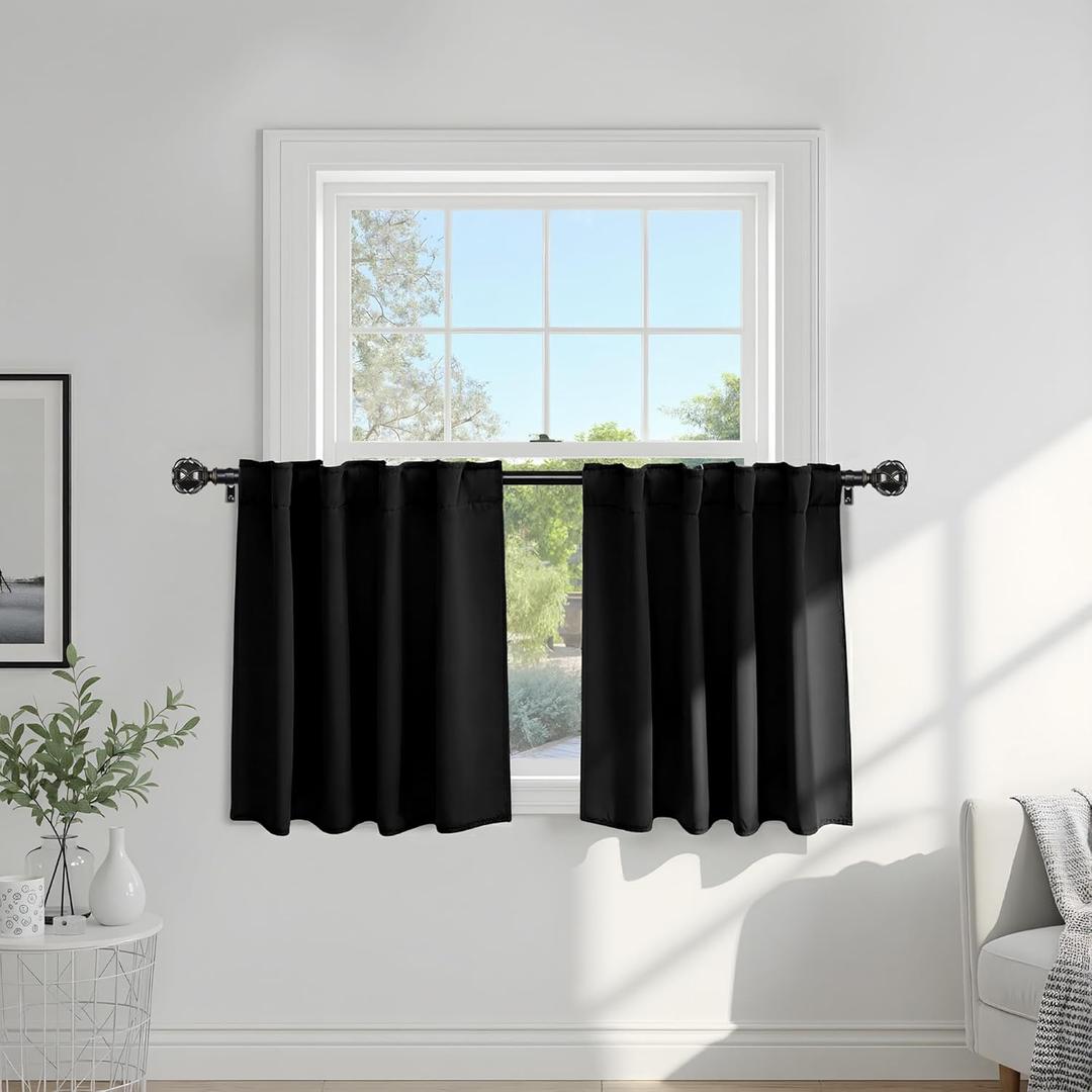 PONY DANCE Black Short Curtains for Bathroom Window, Half Drapes for Kitchen Window, loft Thermal Insulated Curtain Tiers for Bedroom/Basement, Width 29 x Length 30 inches, Black, 2 Pieces