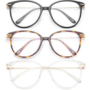 Gaoye Blue Light Blocking Glasses Women/Men, Fashion Cat Eye Fake Eyeglasses UV Ray Filter Computer Gaming Glasses (3 Pack, Black+Tea Leopard+Transparent)