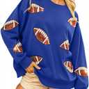MOUSYA Womens Sequin Football Sweatshirt Game Day Long Sleeve Shirt Sunday Funday Pullover Casual Crewneck Tops (Blue, S)