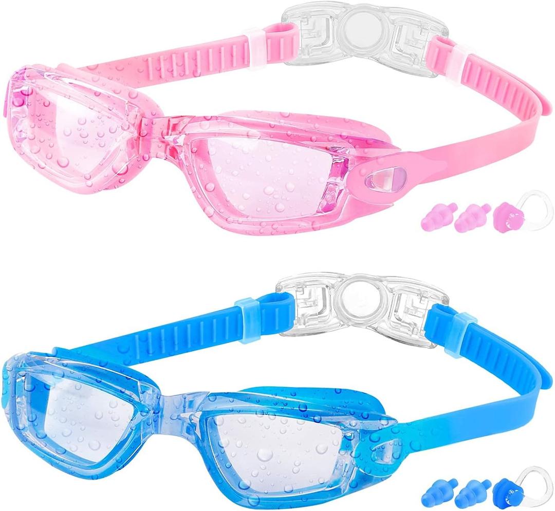 COOLOO Kids Swim Goggles, 2 Packs Swimming Goggles for Kids Girls Boys and Child Age 4-16 (03.blue/Clear Lens&light Pink/Clear Lens)