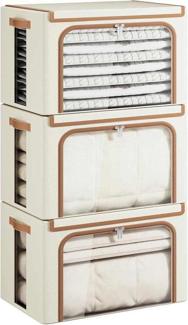 Yecaye Clothes Storage Bins with Metal Frame, Foldable Clothing Storage Bin with Lid, Stackable Oxford Fabric Organizer Box With Clear Window & Zippers & PU Leather Handles (3 Pack,Beige,66L)