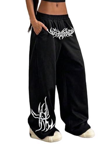 ZAFUL Womens Wide Leg Sweatpants Y2K Gothic Graffiti High Waisted Lounge Pants Athletic Joggers Pants with Pockets 2-Black Large