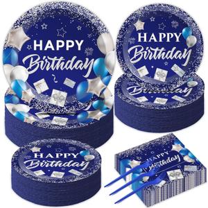 gisgfim 50 Guests Blue Birthday Party Supplies Navy Blue and Silver Plates and Napkins Plastic Forks Happy Birthday Tableware Paper Disposable Plates for Men Women Party 200PCS