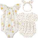 Baby Girl Bodysuit and Headband Outfit Cotton Ruffle Sleeveless Baby Clothes (12-18 Months, Beige Flowers)