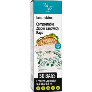 Lunchskins Ziptop BPI Certified Compostable & Resealable Freezer-Safe Food Storage Bags, Sandwich Size, 50 Bags - Eco-Friendly, Made Without PFAS and BPA