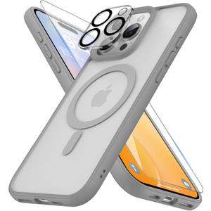 Magnetic Shockproof for iPhone 16 Pro Max Case with Screen Protectors & Camera Cover, [Compatible with MagSafe] [Military-Grade Drop Protection], Translucent Slim Cute Phone Case, Gray
