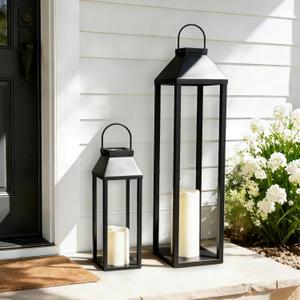 Large Outdoor Solar Lanterns Waterproof, Tall Farmhouse Black Metal Decorative Lanterns Solar Lights Outdoor for Front Porch Decor Outdoor Patio, Garden, Balcony, Porch, 27.6",16.3"-Set of 2