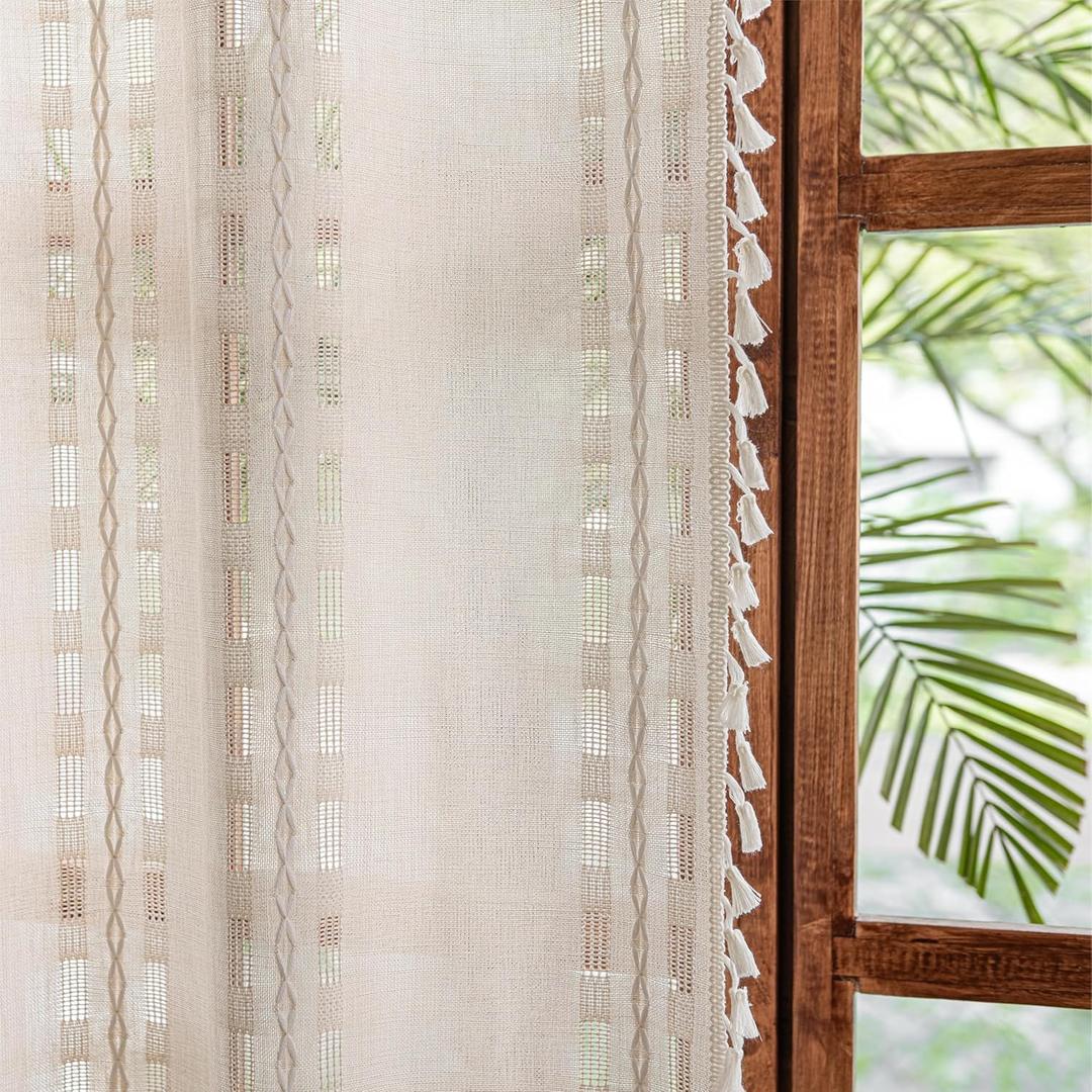 Sutuo Home Boho Curtains 63 inches Long for Kitchen Kid's Room, Light Filtering Farmhouse Shabby Chic Tassels Window Treatment Bohemian Privacy Drape Decor, Rod Pocket 1 Panel 52" W x 63" L, Natural