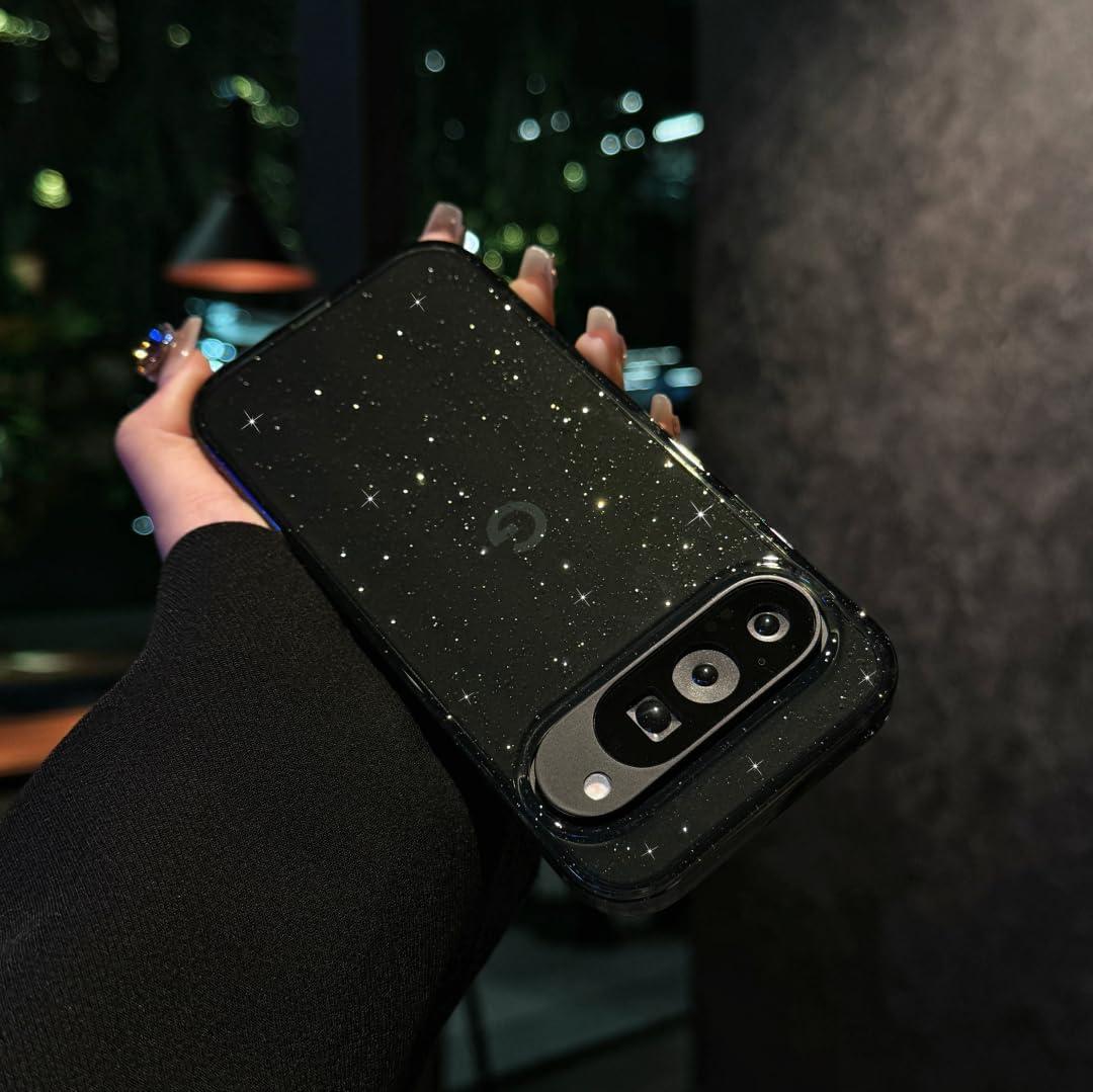 Magnetic for Google Pixel 10 & 10 Pro Case Women, [Holographic Iridescent Color Changing Effect] Fashion Slim Cute and Unique Matt Protective Phone Cover for Pixel 10 & 10 Pro (Black Glitter)