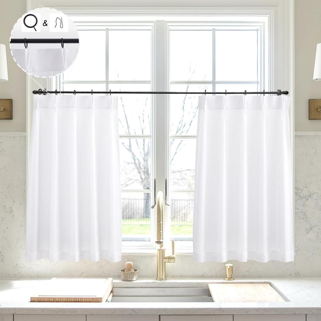 LIMON HOME White Linen Kitchen Curtains 30 inch Length Pinch Pleat Cafe Curtains (24"W x 30"L (Pack of 2))