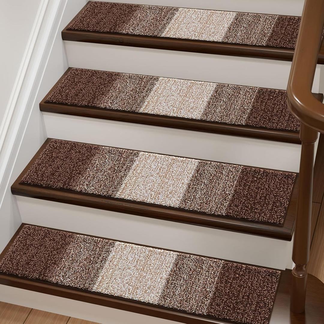 OLANLY Stair Treads Non Slip 4PCS, 8" x 30" Indoor Stair Runners for Wooden Steps, Edging Stair Rugs with Reusable Peel and Stick Adhesive for Kids Elders and Pets, Brown