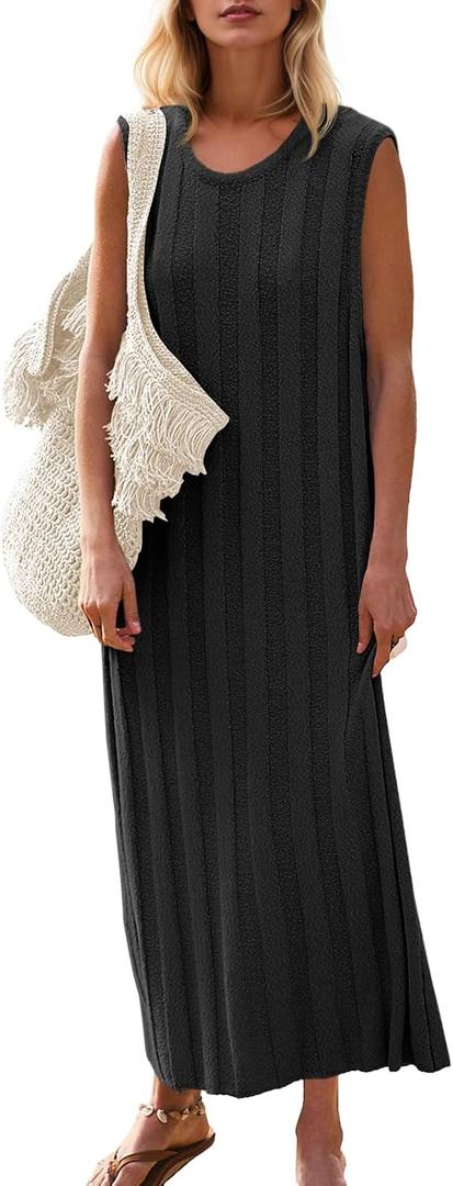Fisoew Women Summer Sleeveless Maxi Dress Scoop Neck Ribbed Knit Tank Dress (Black, S)