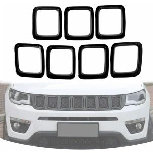 Grille Inserts Grill Cover Compatible with Jeep Compass 2017-2021 Front Grill Cover Rings Frame Trims Kit 7PC (Glossy Black)