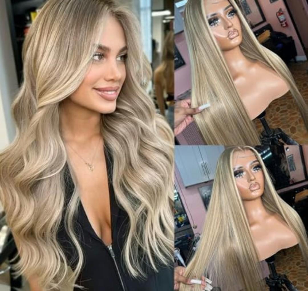 Ombre Blonde Lace Front Wig Human Hair for White Women Ash Brown Roots to Ash Blonde with White Platinum Highlights Glueless Wigs Human Hair Pre Plucked with Baby Hair 180% Density Straight 20 Inch