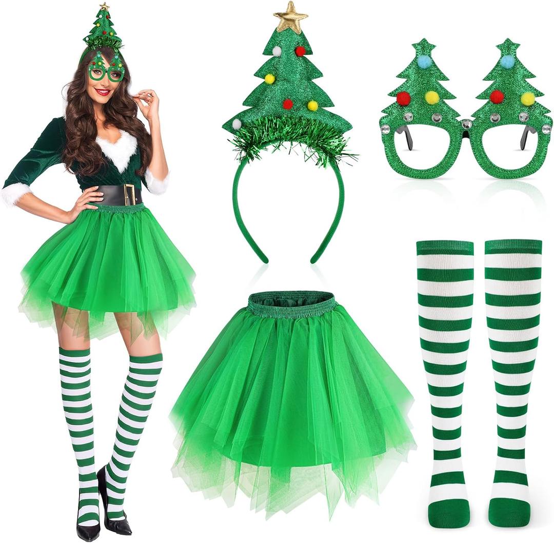 Women's Christmas Tree Costume Set - Green Tutu Skirt, Headband, Stockings, Glasses - Adult, Female - Christmas Party Costume