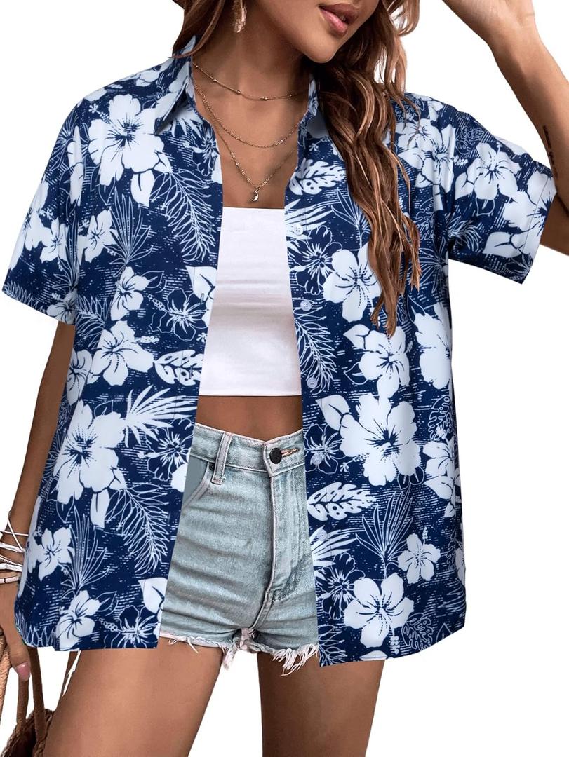 MYHALF Women Hawaiian Shirt Soft Cool Summer Hawaii Shirts Floral Tropic Print V Neck T-Shirt Short Sleeve Button Up Tops (XX-Large, Blue White Hibiscu)
