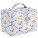 AMULOKRU Large Makeup Bag, Cute Cosmetic Bag for Women, Coquette Floral Aesthetic Toiletry Bags, Quilted Travel Make Up Organizer Bag