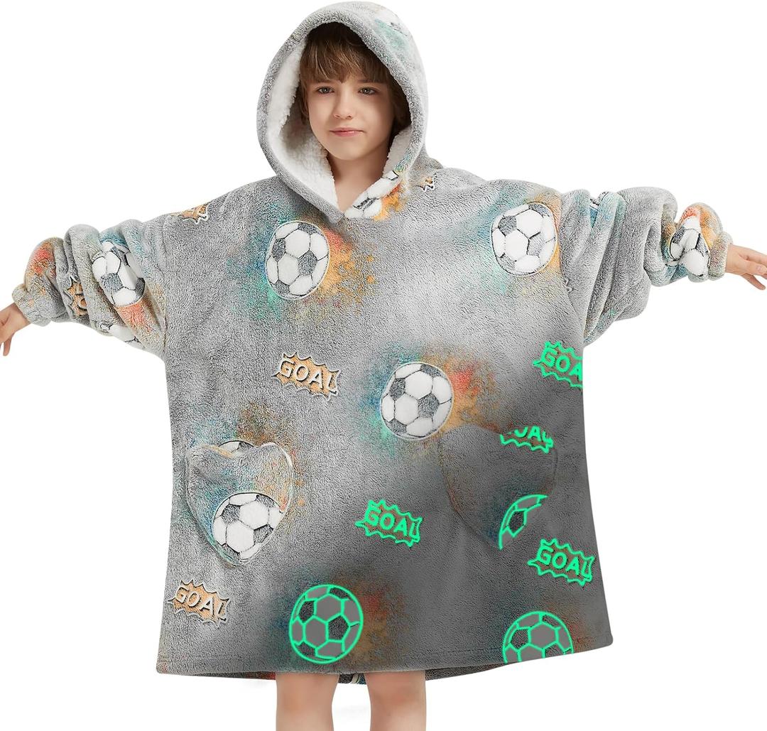 Wearable Blanket Hoodie for Kids Oversized Sherpa Blanket Hoodie for Kids Boys Girls Teens 6-13YR,Glow in The Dark Football