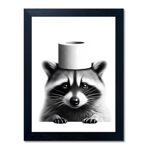 Funny Bathroom Decor Wall Art, Cute Raccoon Toilet Paper Roll Canvas Wall Decor, Humor Farmhouse Animal Wall Art, Black and White Wall Art Decor, Modern Black Frame Canvas Prints Ready to Hang 16"x20"