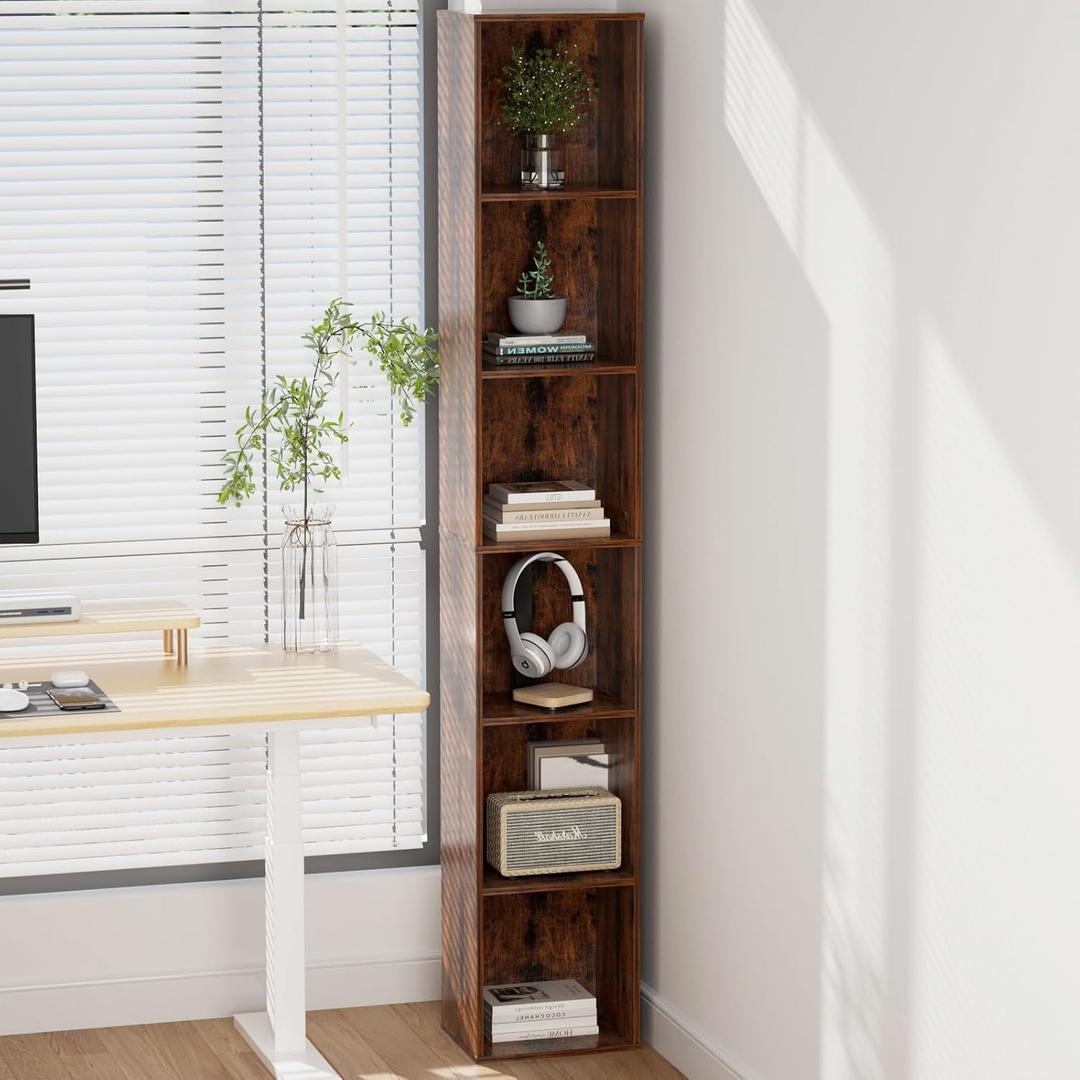6-Tier Tall Narrow Bookshelf, 70.5" Skinny Thin Bookcase, Brown | Corner Shelf Slim Storage Cabinet,Wood DVD CD Media Cube Organizer Tower Rack for Small Spaces, Bedroom, Living Room, Office