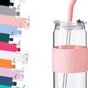 ColoVie Glass Tumbler with 3 IN 1 Lids and Glass Straws(Extra Silicone Tips), Silicone Protective Sleeve, Iced Coffee Cup, Travel Water Bottle, Soda Beer Glass Cups, Hot Tea-Pink 20oz 1pc