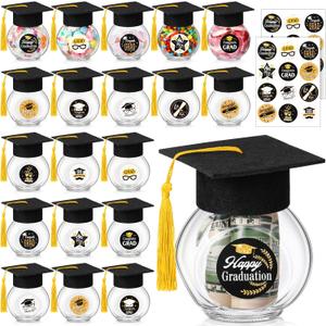 20 Sets Glass Graduation Cap Candy Jars Class of 2025 Graduation Party Decorations Candy Boxes Containers with Sticker for 2025 Grad Ceremony Party DIY Supplies(Black and Gold)
