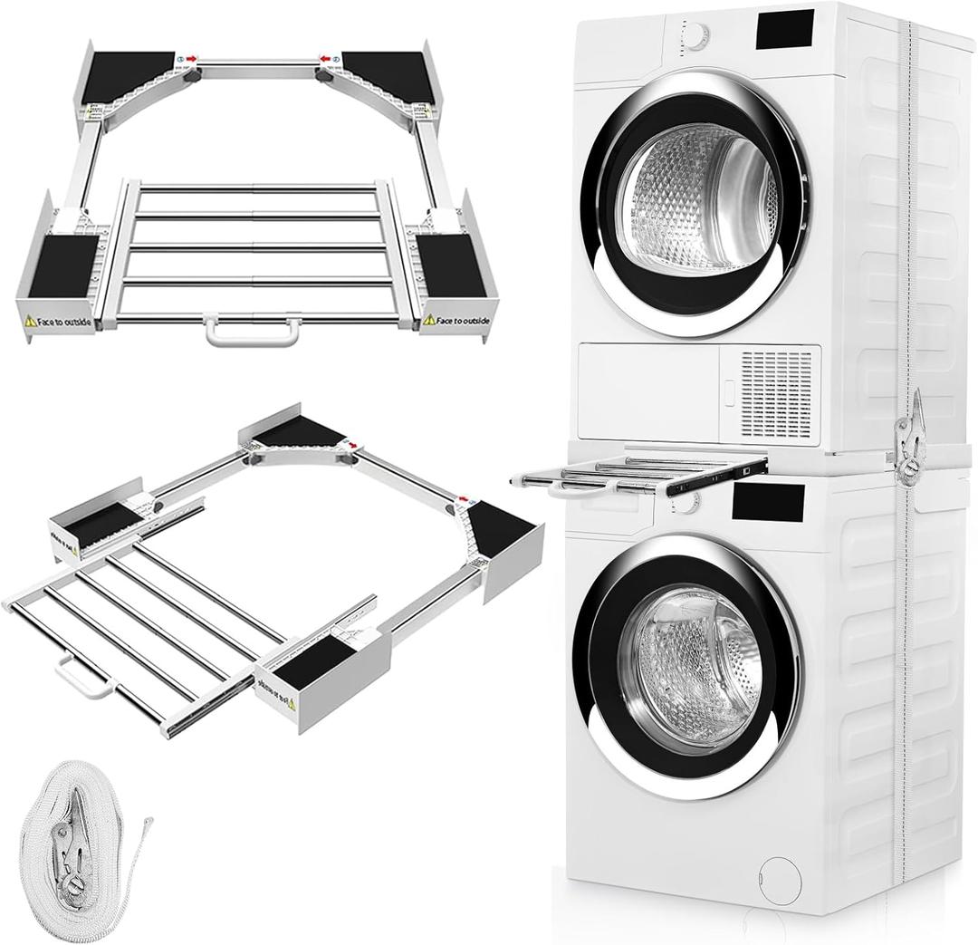 Washer Dryer Stacking Kit, Universal 29"/28"/27"/26"/25"/24" Stackable with Pull-Out Drying Rack, Adjustable Stacking Kit for Washer and Dryer, Connecting Frame with Ratchet Strap