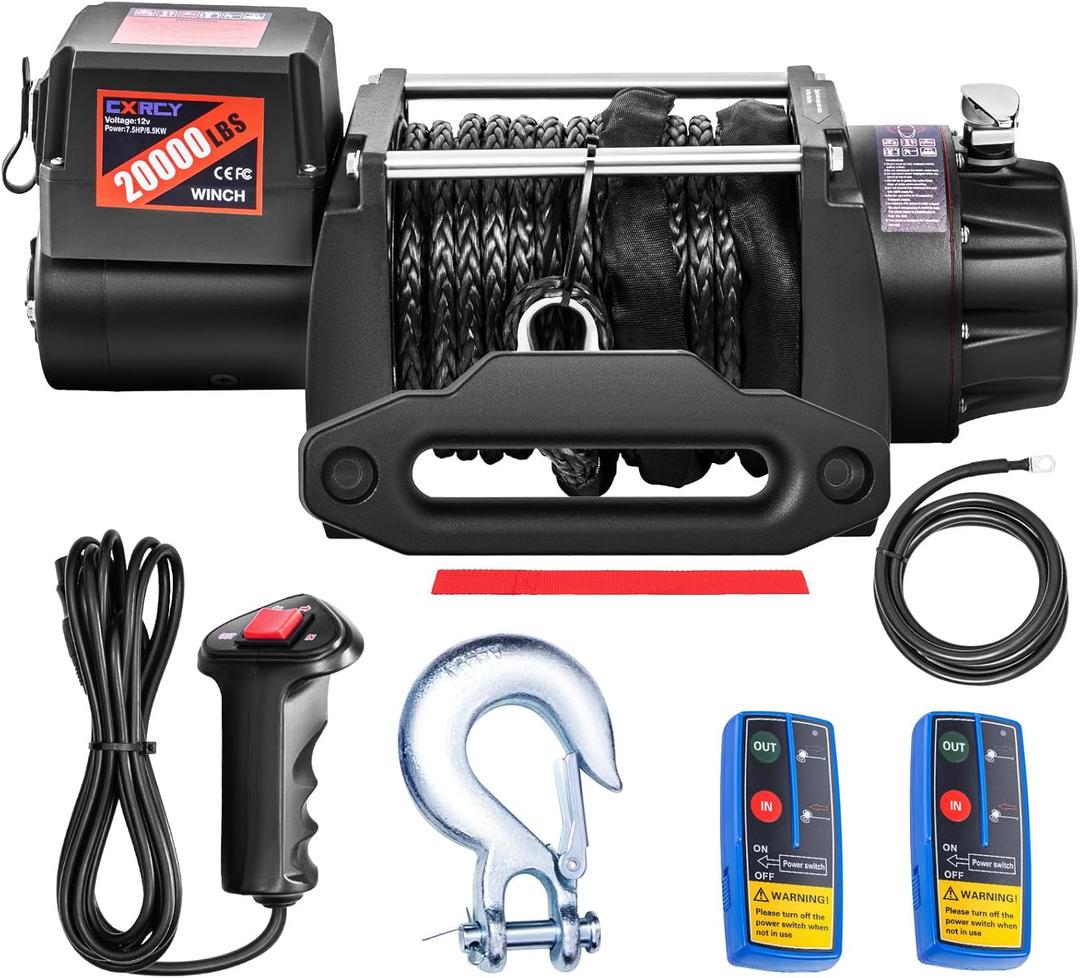 CXRCY 12V Electric Winch,20000LBS Load Capacity Synthetic Rope Towing Winches for Jeep Truck SUV,with Wired Handle and Wireless Remote