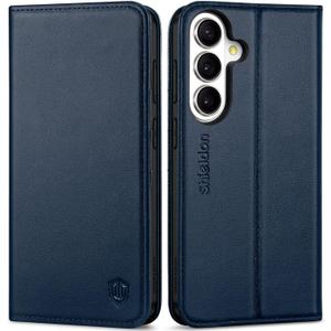 SHIELDON Case Wallet for Galaxy S26 6.3", Genuine Leather, RFID Blocking Credit Card Holder, Flip Magnetic Closure, Kickstand, Shock Absorbing Cover Compatible with Galaxy S26 5G 2026 - Navy Blue