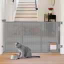 Reinforced 60” Wide Retractable Dog Gate with Cat Door Gates for Pets with Reinforced Strips 33” Tall Mesh Baby Gate Retractable Pet Gates for Dogs Indoor with Door Cats Can in and Out Freely, Gray