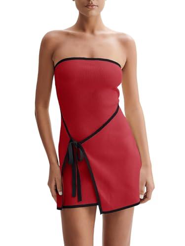 Wenrine Womens Sexy Tube Top Dress Strapless Self Tie Wrap Asymmetrical Hem Knit Summer Party Mini Dresses Red L
