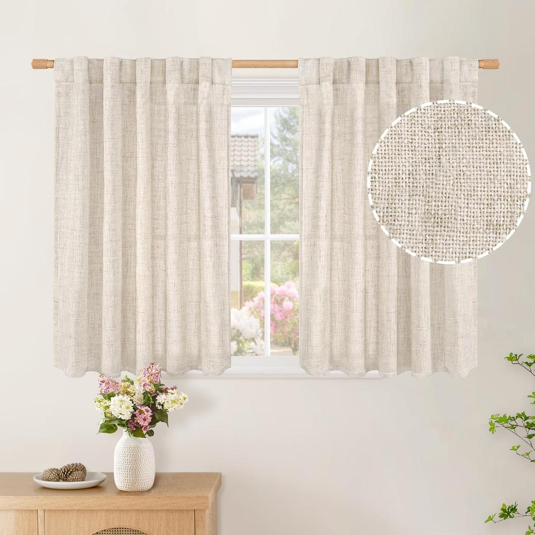 BGment Small Linen Curtains 36 Inch Length for Cafe, Half Drapes Textured Semi Sheer with Rod Pocket Back Tab Rustic Light Filtering for Bathroom Kitchen Window Over Sink, 2 Panels Set, 42 X 36 Inch