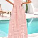 PRETTYGARDEN Women's 2026 Summer Spaghetti Strap Maxi Dresses Plaid Square Neck A Line Casual Beach Vacation Long Sundress (Pink, S)