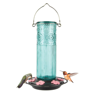 Nature's Way ANTGHF2 Hanging Antique Glass Gravity Hummingbird Feeder for Outdoor Decor, 28 Ounce Capacity Nectar Feeder, 6 Easy to Clean Flexible Pink Ports, Teal