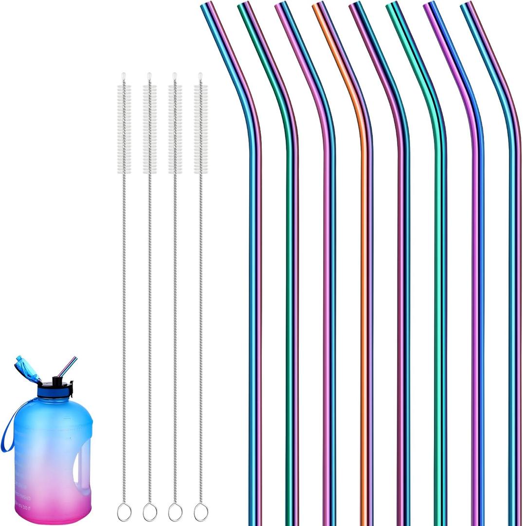 Geiserailie 8 Pieces 14 Inch Reusable Stainless Steel Straws Long Drinking Straws for 100 oz Tumblers, Extra with 4 Pieces Cleaning Brush(Rainbow)