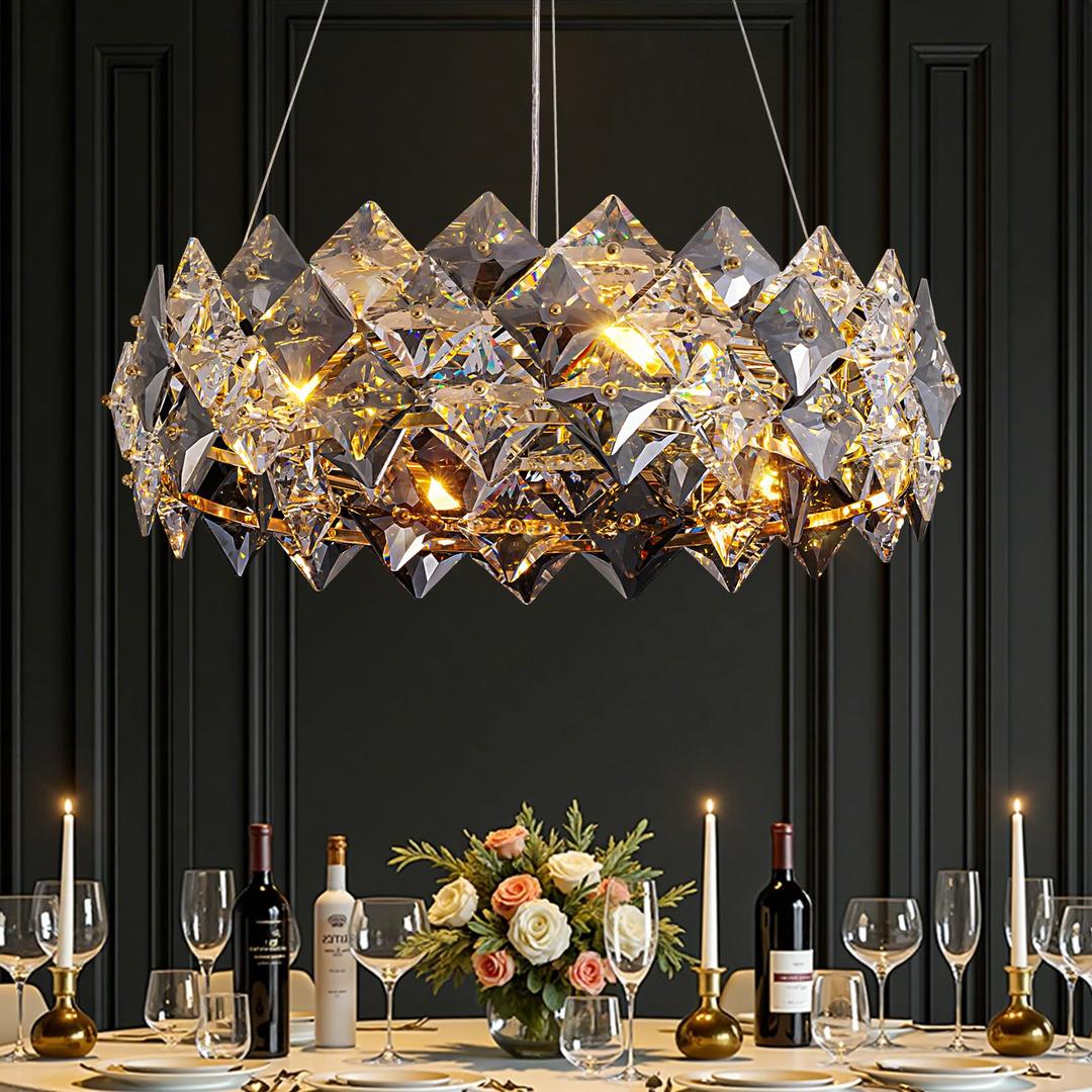 Tinkoso 24" Modern Crystal Chandelier,Smoke Grey K9 Crystal Chandeliers for Dining Room,Farmhouse Square Crystal Ceiling Lighting for Kitchen Island,Living Room,Bedroom,Hallway,Foyer,D24