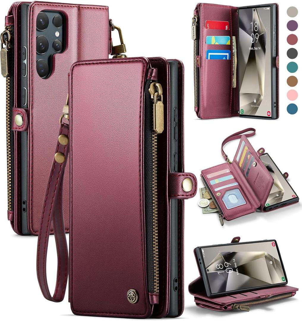 Defencase Compatible with Samsung Galaxy S24 Ultra Case Wallet with RFID Blocking Card Holder for Women, PU Leather Magnetic Snap Flip Zipper Strap Phone Case Fit for Galaxy S24 Ultra 5G, Wine Red