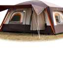 KTT Large Tent 8-10 Person, Family Cabin Tents, 2 Rooms, 2 Doors and 4 Windows with Mesh, Straight Wall, Waterproof, Double Layer, Big Tents for Outdoor, Picnic, Camping, Family Gathering(Brown)