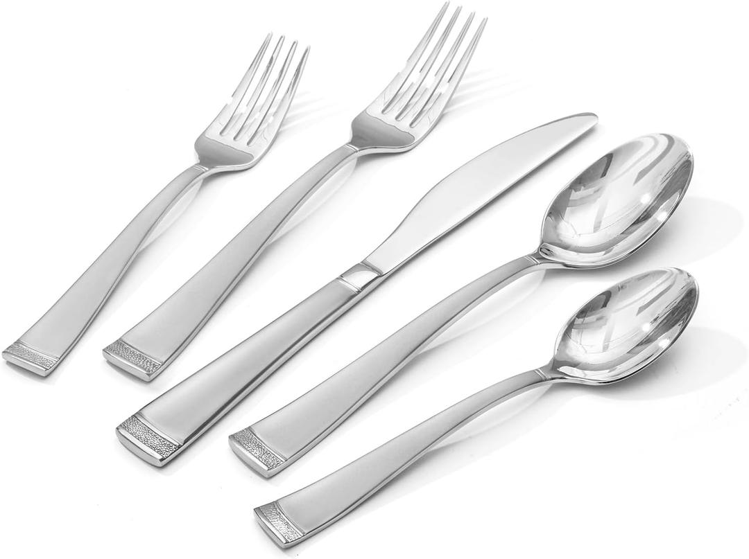 KINGSTONE Silverware Set, 60-Piece Flatware Set for 12, 18/10 Stainless Steel Cutlery Set with Bead Edge, Utensil for Kitchen, Home, Party, Wedding, Matte Silver, Dishwasher Safe, Featured Gifts