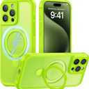 MOCCA Design for iPhone 15 Pro Case with Magnetic Invisible Stand [Full Camera Protection] [Compatible with Magsafe] Military Drop Shockproof Translucent Matte Phone Case Cover 6.1",Fluorescent Green