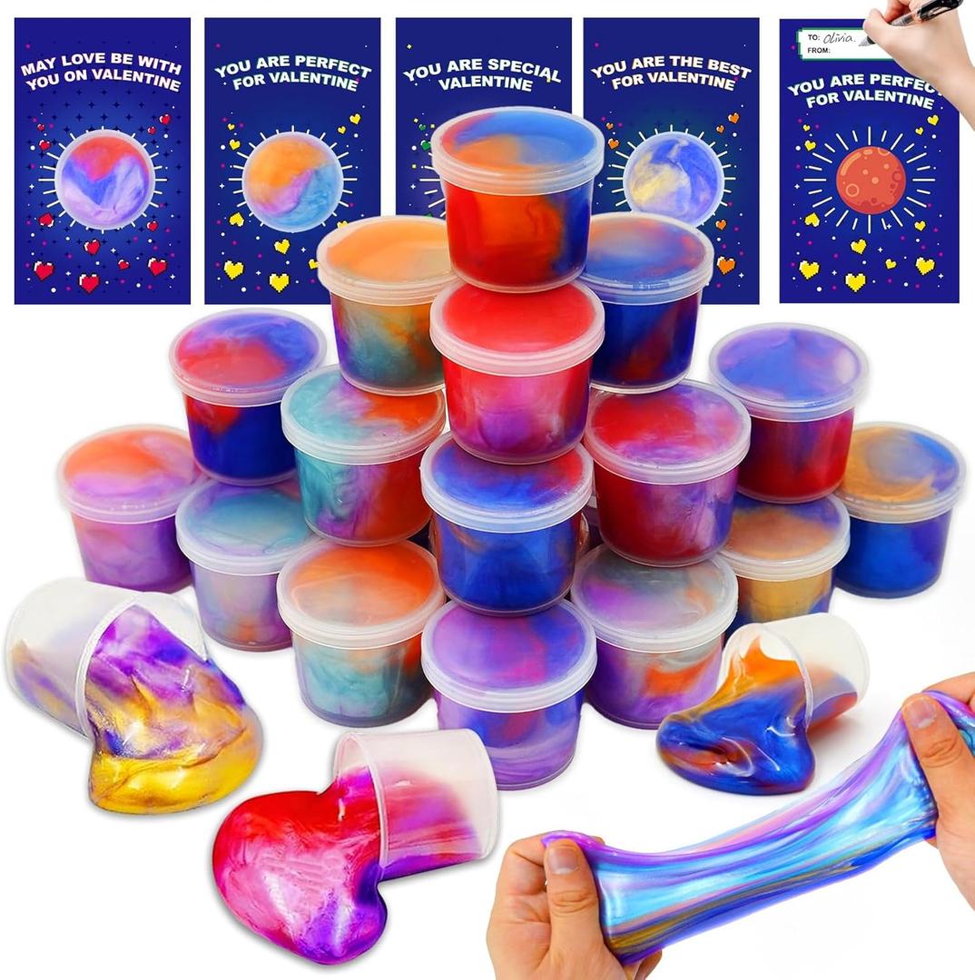 28 Pack Valentines Day Gifts for Kids, Valentines Galaxy Slime with Valentines Cards Kids Stress Relief Fidget Set Valentines Day Gifts for School Classroom Exchange Prize Party Favors Supplies