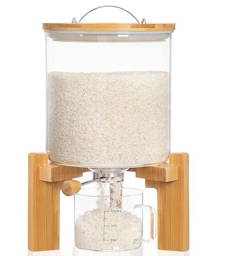 HBlife 8-10 Lbs Glass Rice Dispenser with Wooden Stand Flour and Cereal Container with Glass Measuring Cup Pantry Food Organization Storage Bin with Airtight Bamboo Lid, 5L