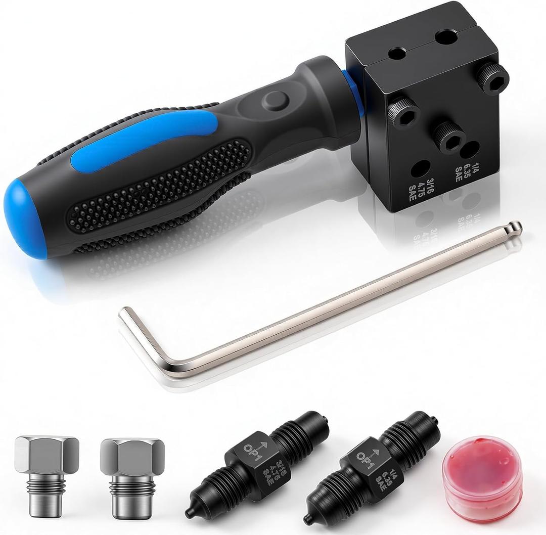 Brake Line Flaring Tool Kit, 3/16 and 1/4 SAE Double Flare Tool for Brake Lines, Creates Single Double & Bubble Flares for Vehicle Brake & Hydraulic Lines (7-Piece)